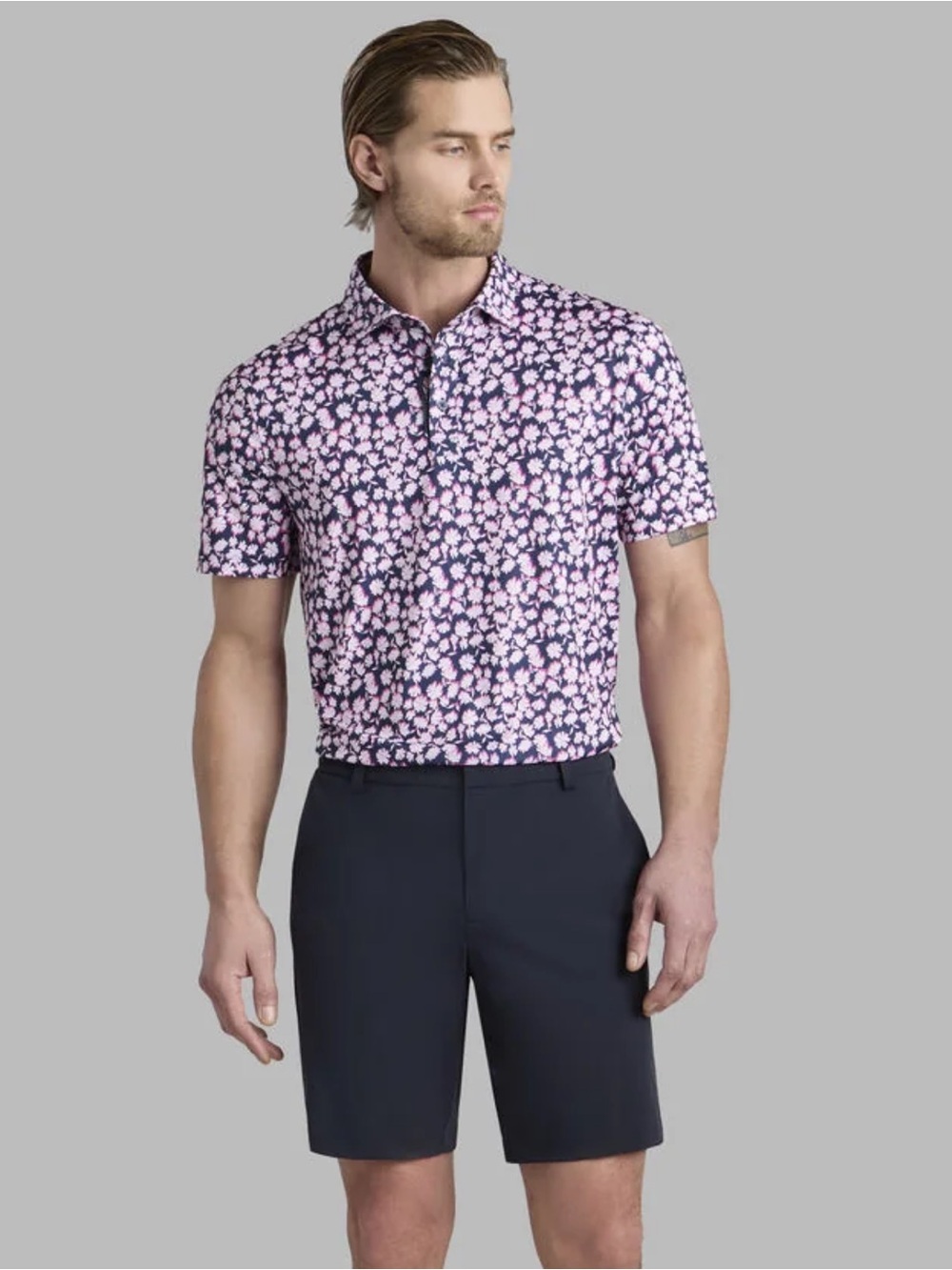NWT G/FORE MEN'S OPTIC FLORAL TECH JERSEY POLO - BLUSH (Medium)